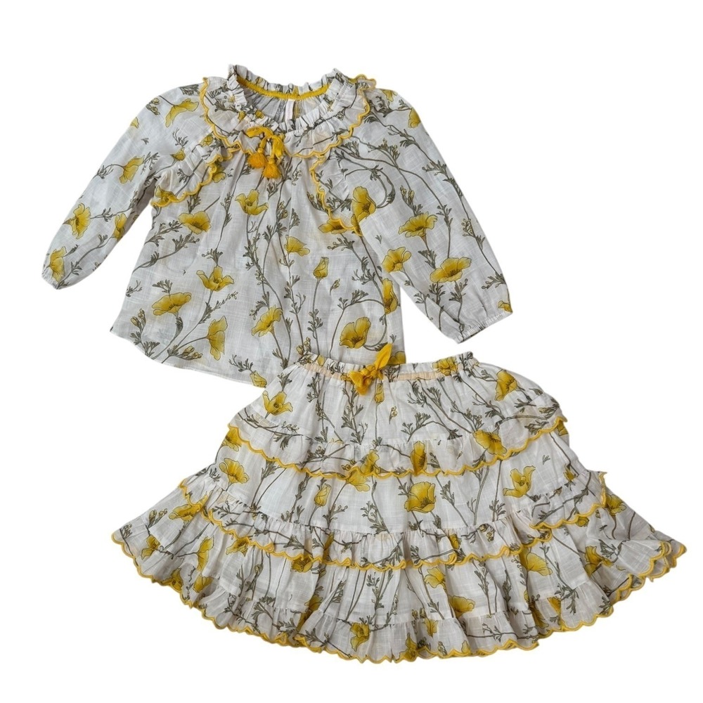 Zimmermann Jeannine Matching Skirt Set Yellow Floral Girls 6/8 Logo Print
